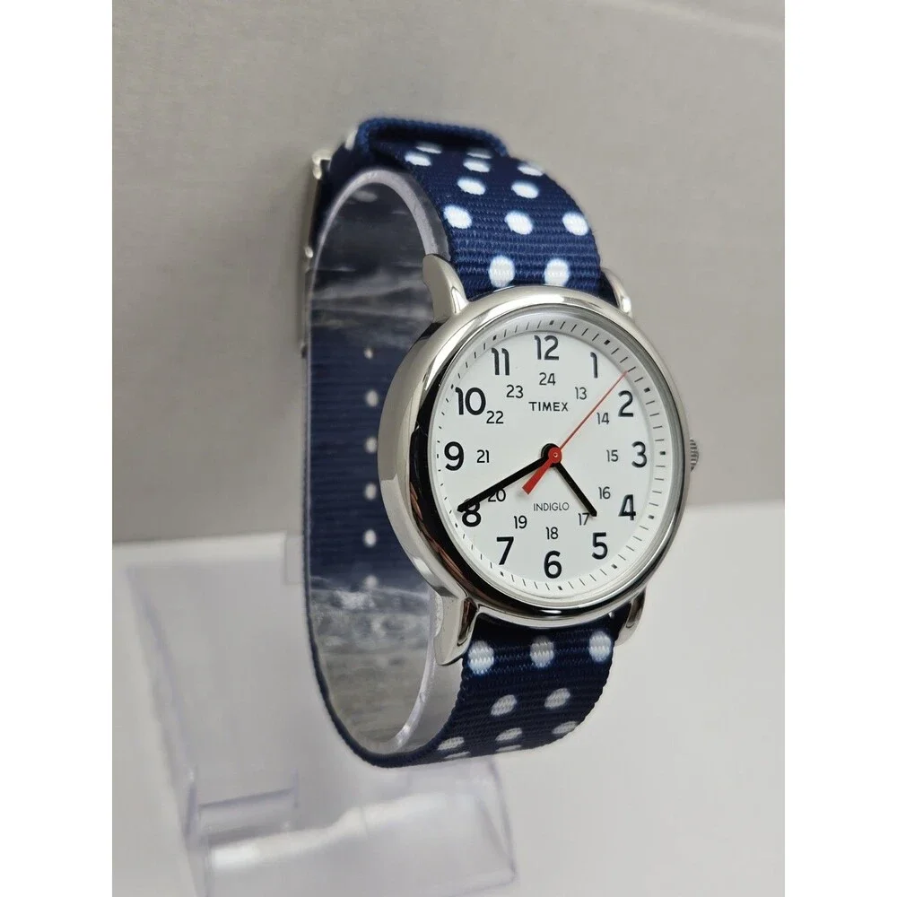 Timex Weekender Dots Womens 38mm Indiglo Blue Polka Dot Quartz Watch New Battery